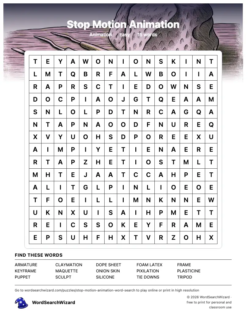 Stop Motion Animation word search printable sheet, 15 words to find
