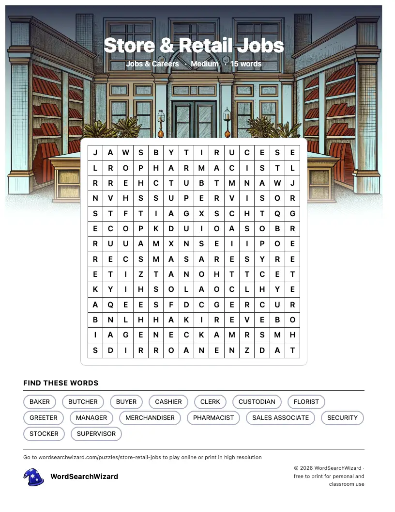 Store & Retail Jobs word search printable sheet, 15 words to find