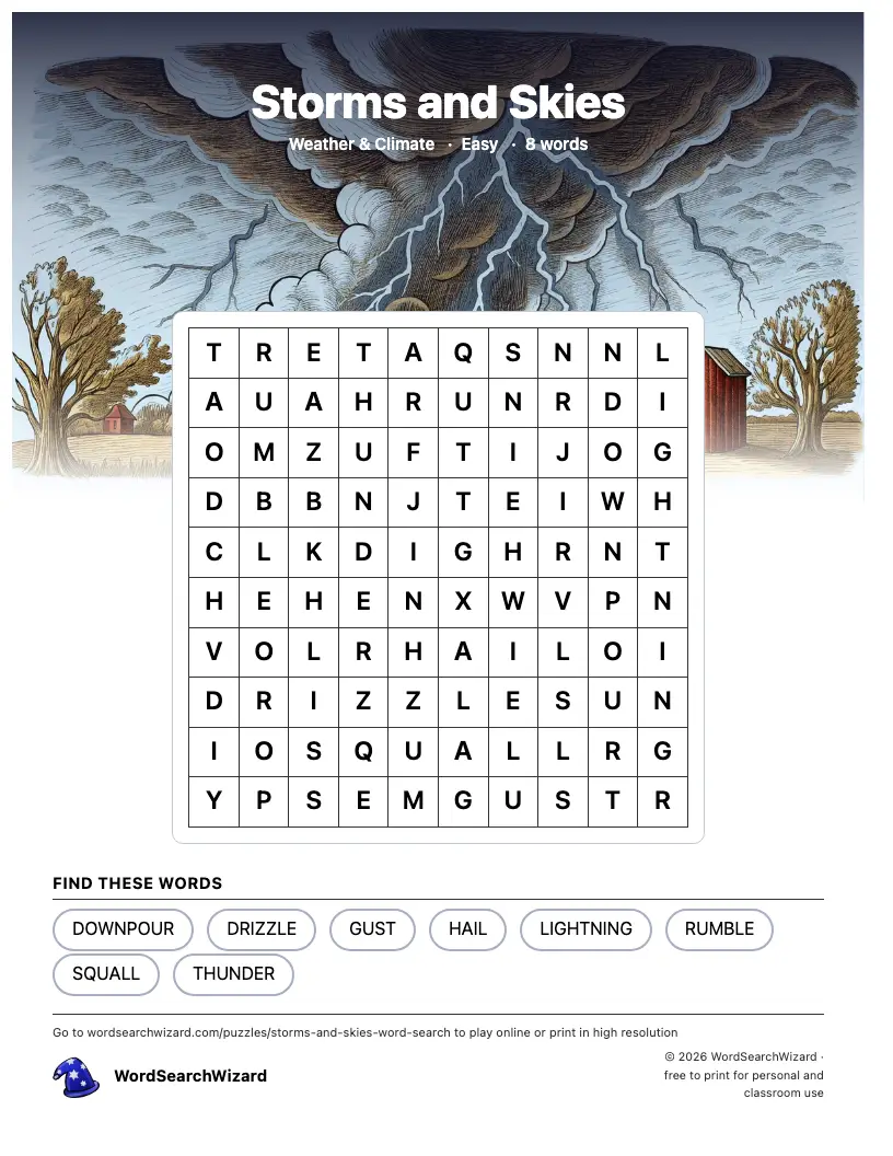 Storms and Skies word search printable sheet, 8 words to find