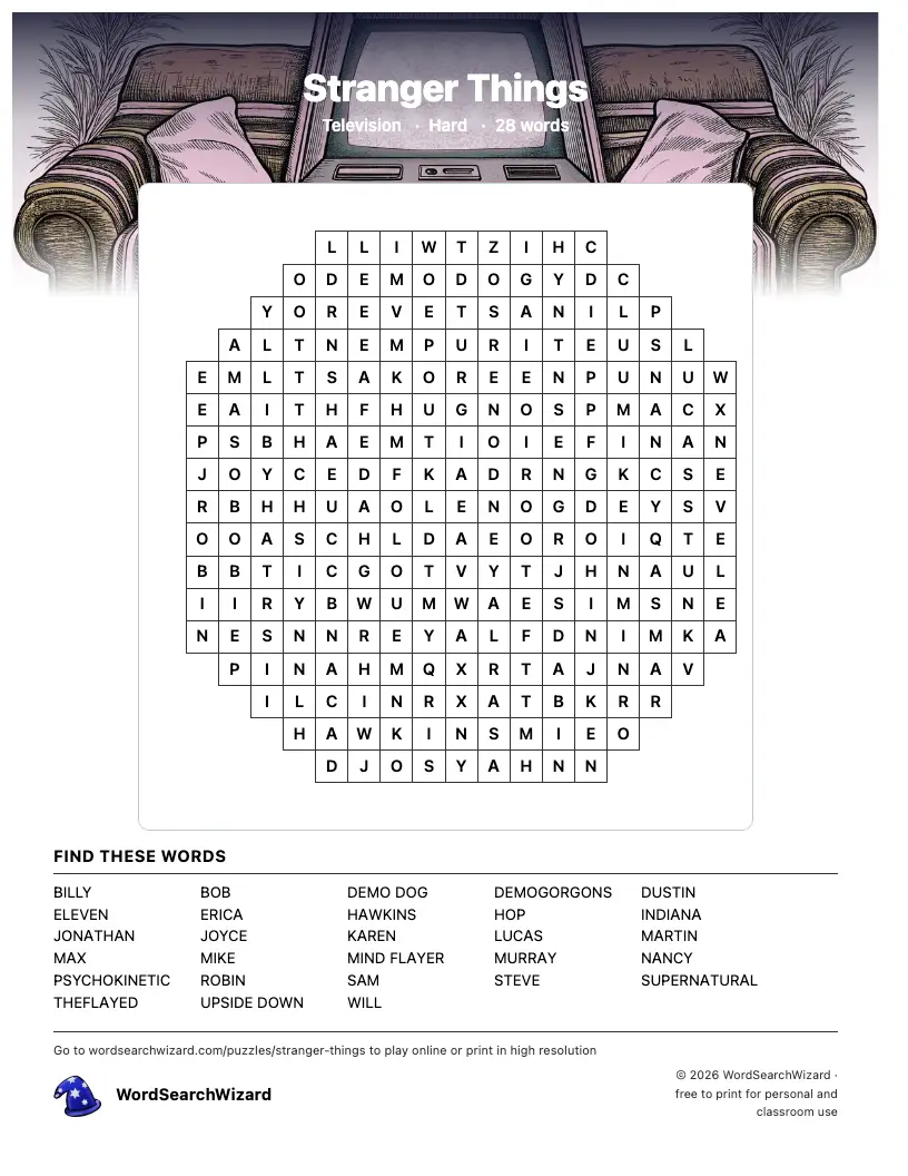 Stranger Things word search printable sheet, 28 words to find