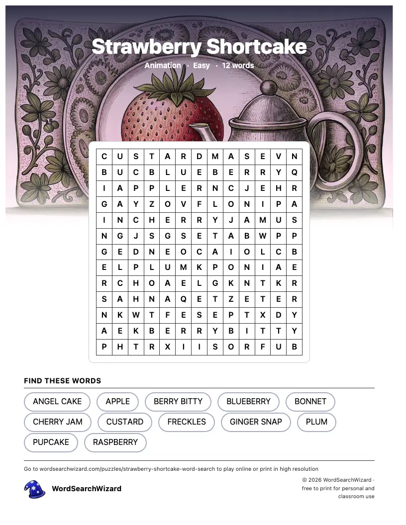 Strawberry Shortcake word search printable sheet, 12 words to find