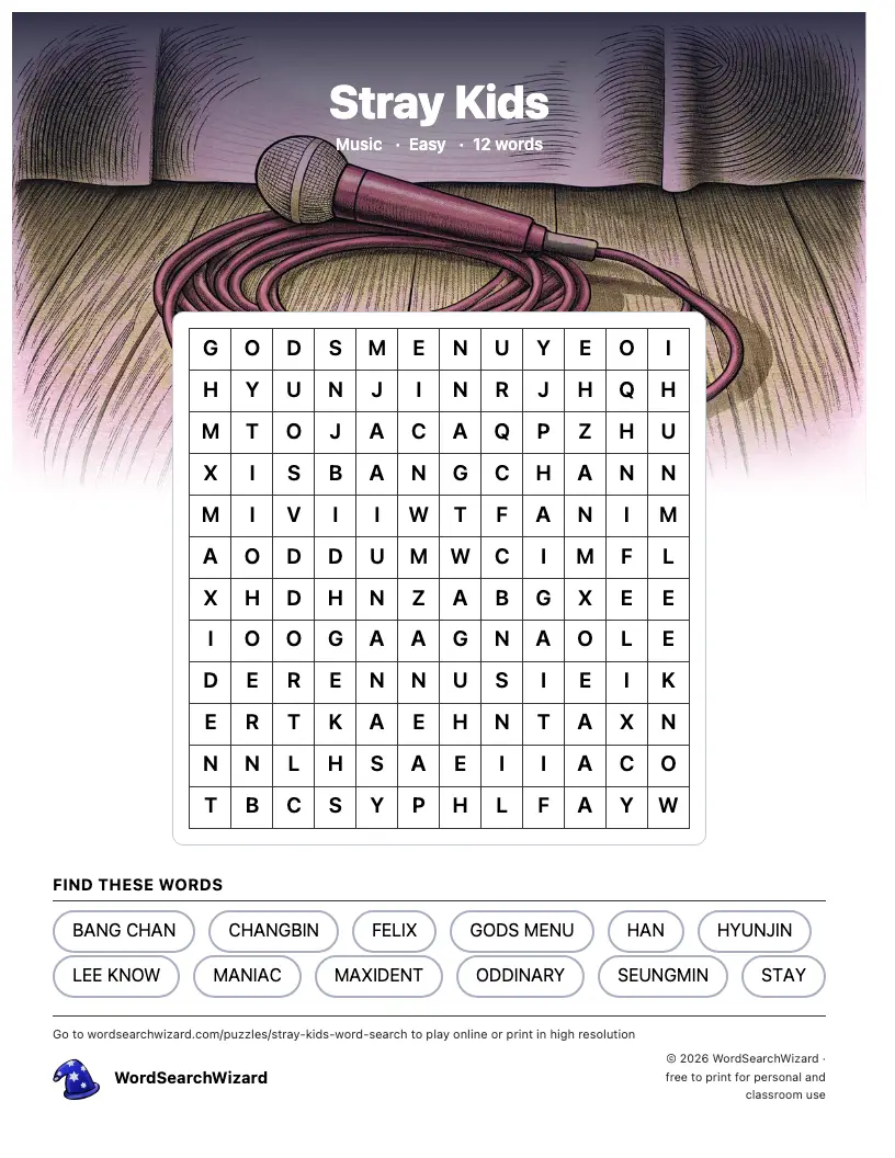 Stray Kids word search printable sheet, 12 words to find