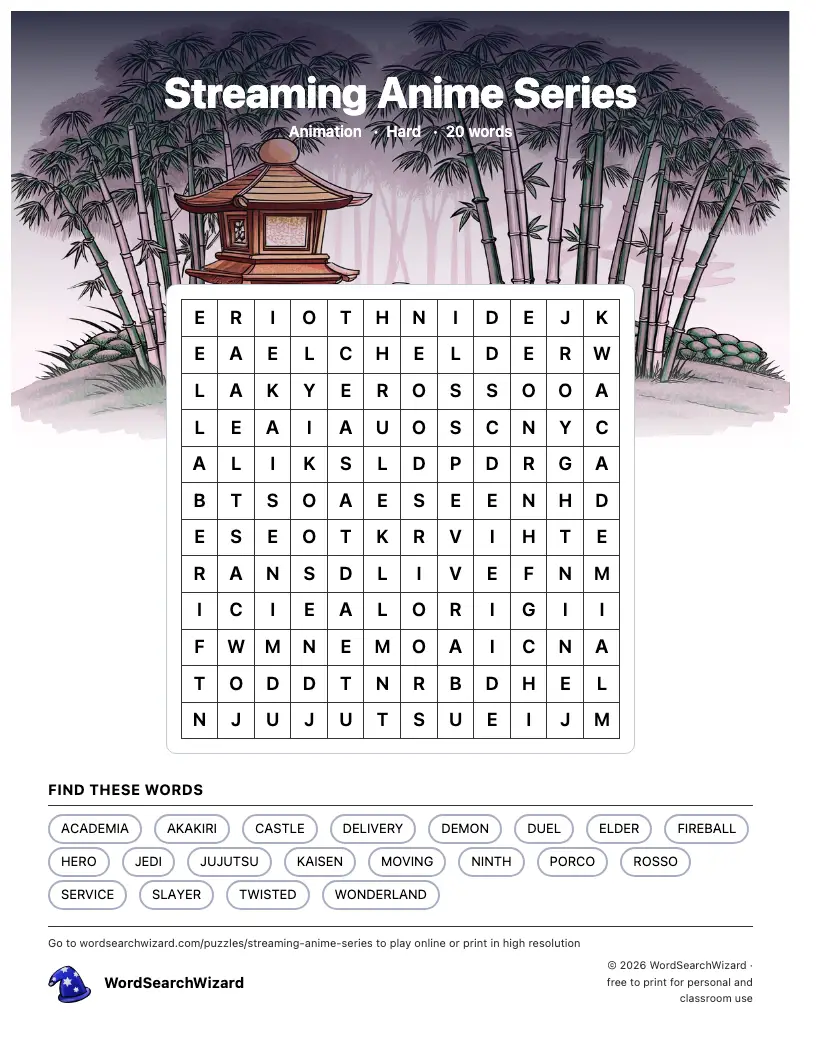 Streaming Anime Series word search printable sheet, 20 words to find