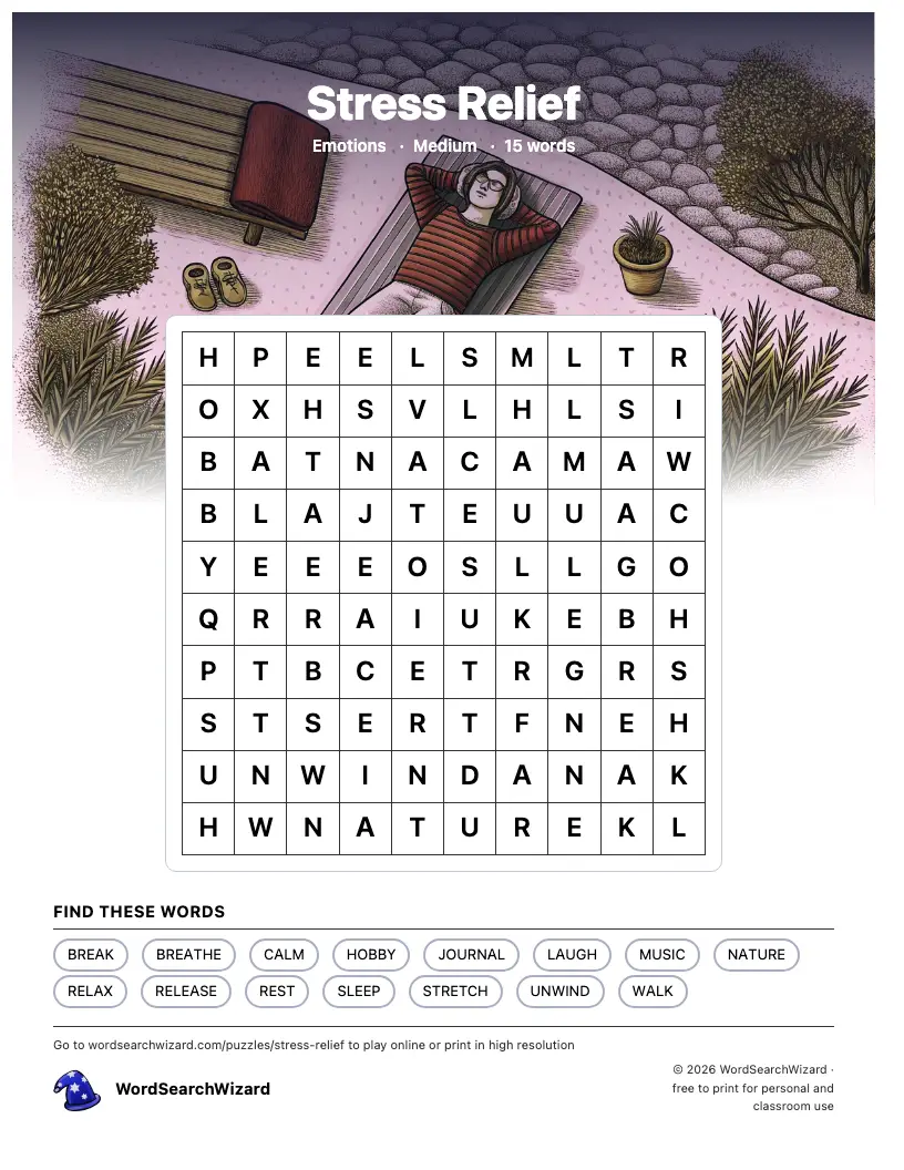 Stress Relief word search printable sheet, 15 words to find