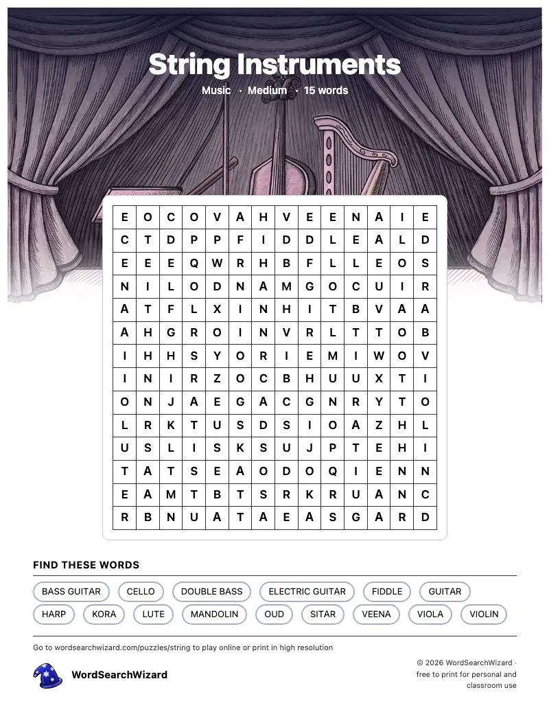 String Instruments word search printable sheet, 15 words to find