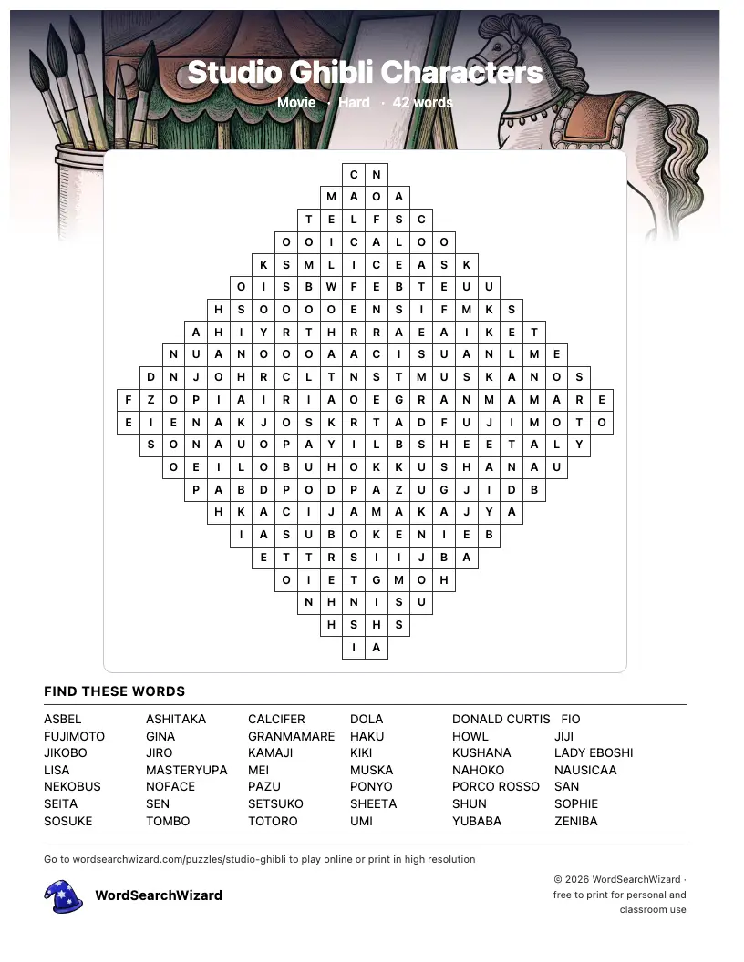Studio Ghibli Characters word search printable sheet, 42 words to find
