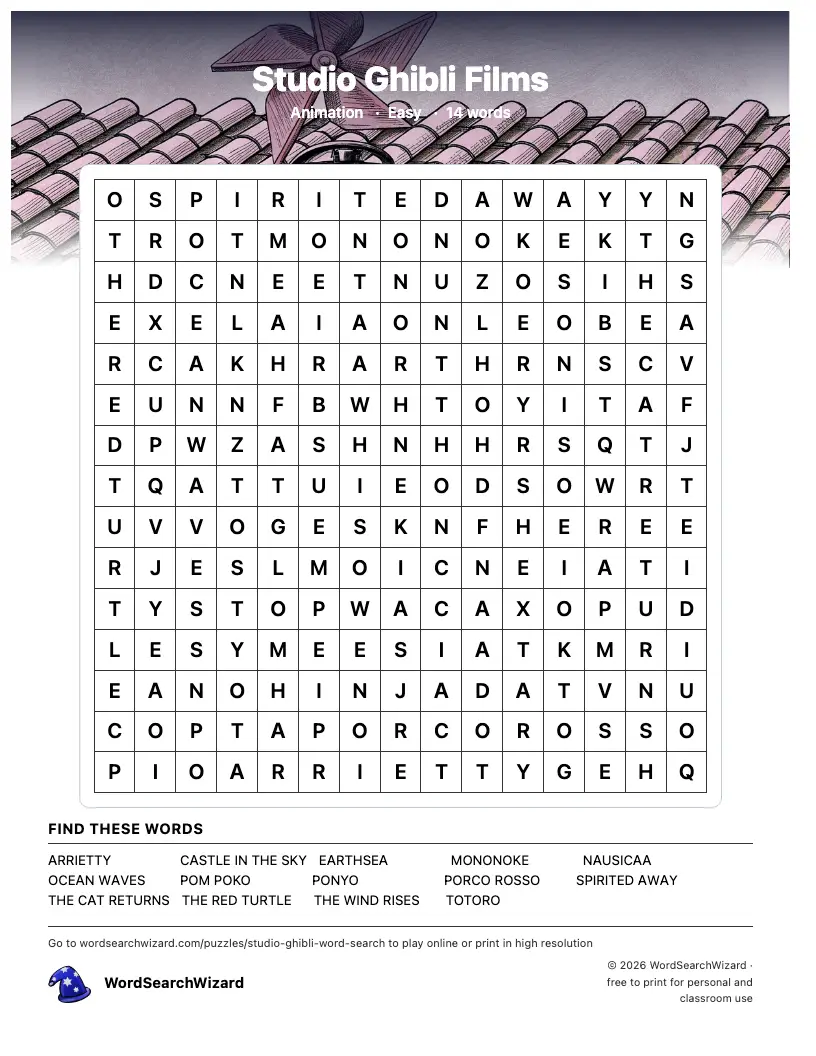 Studio Ghibli Films word search printable sheet, 14 words to find