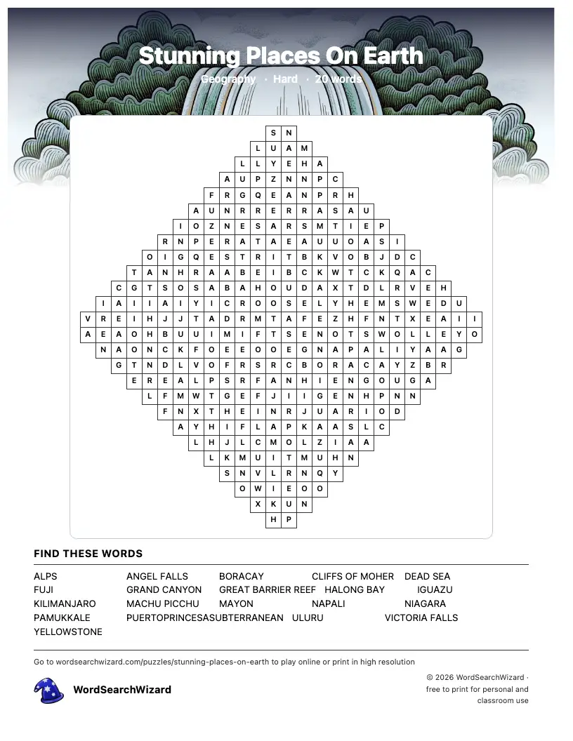 Stunning Places On Earth word search printable sheet, 20 words to find