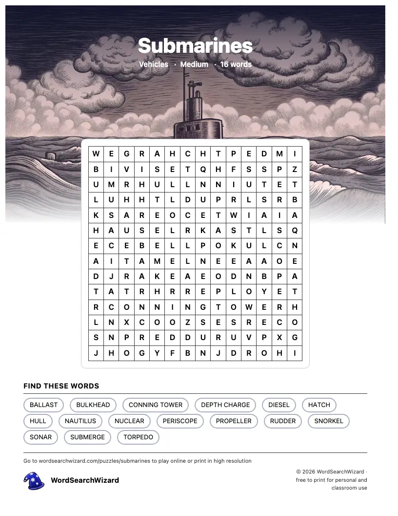Submarines word search printable sheet, 16 words to find