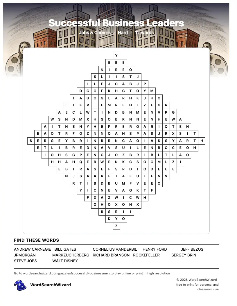 Successful Business Leaders word search printable sheet, 12 words to find