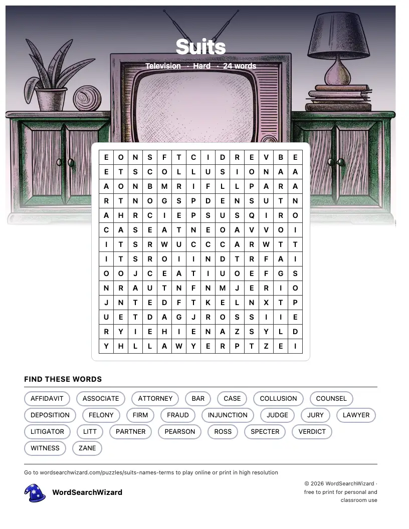 Suits word search printable sheet, 24 words to find