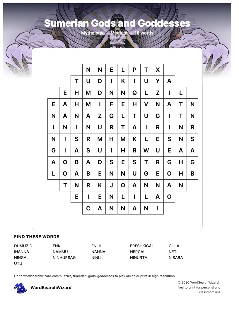 Sumerian Gods and Goddesses word search printable sheet, 16 words to find