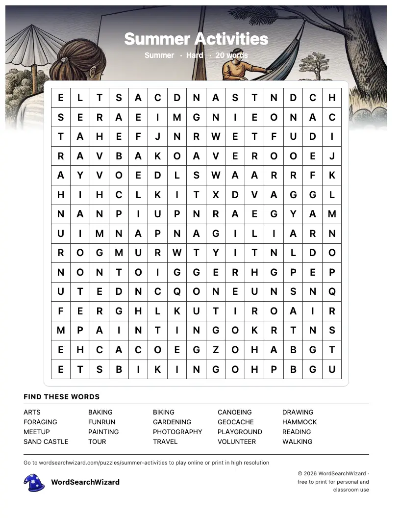Summer Activities word search printable sheet, 20 words to find