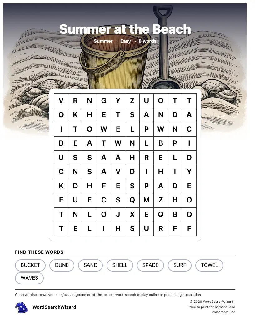 Summer at the Beach word search printable sheet, 8 words to find