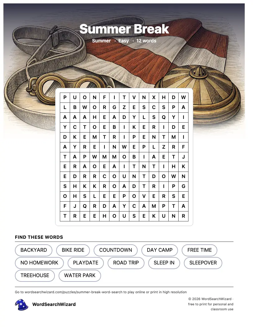 Summer Break word search printable sheet, 12 words to find