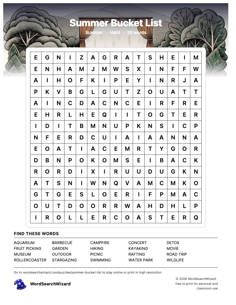 Summer Bucket List word search printable sheet, 20 words to find