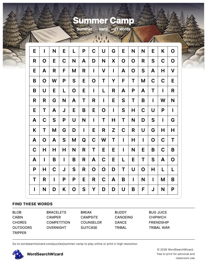 Summer Camp word search printable sheet, 21 words to find
