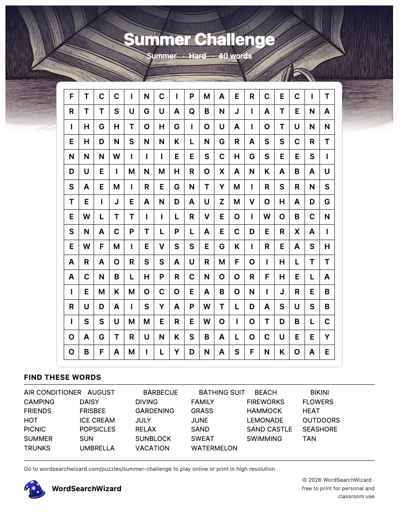 Summer Challenge word search printable sheet, 40 words to find