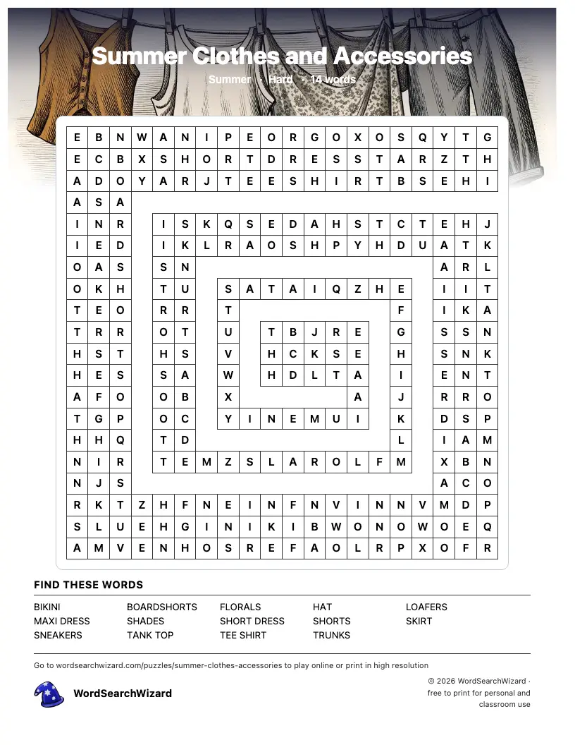 Summer Clothes and Accessories word search printable sheet, 14 words to find