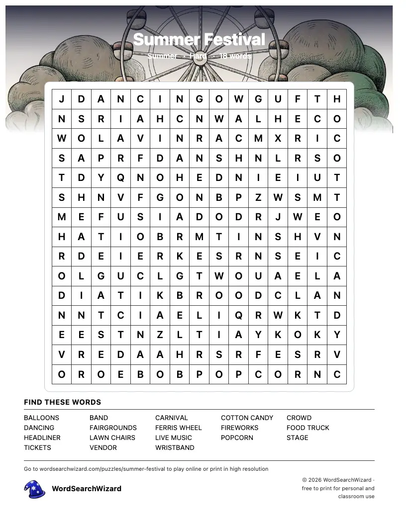 Summer Festival word search printable sheet, 18 words to find