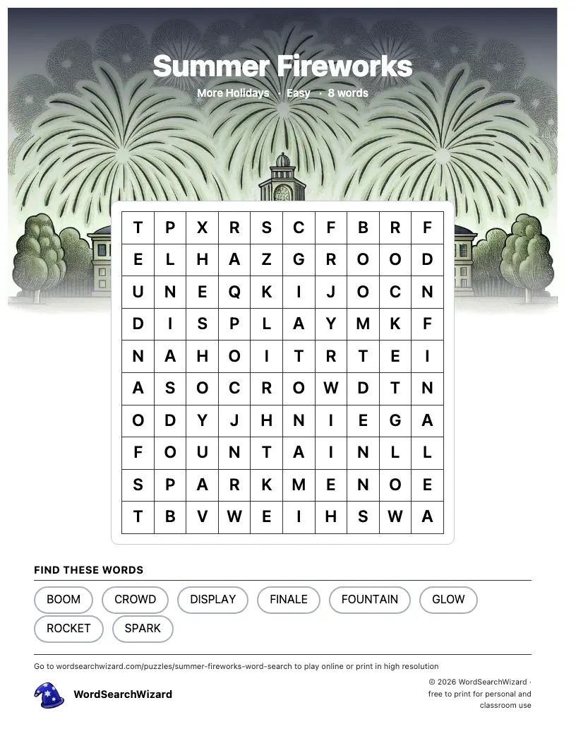 Summer Fireworks word search printable sheet, 8 words to find