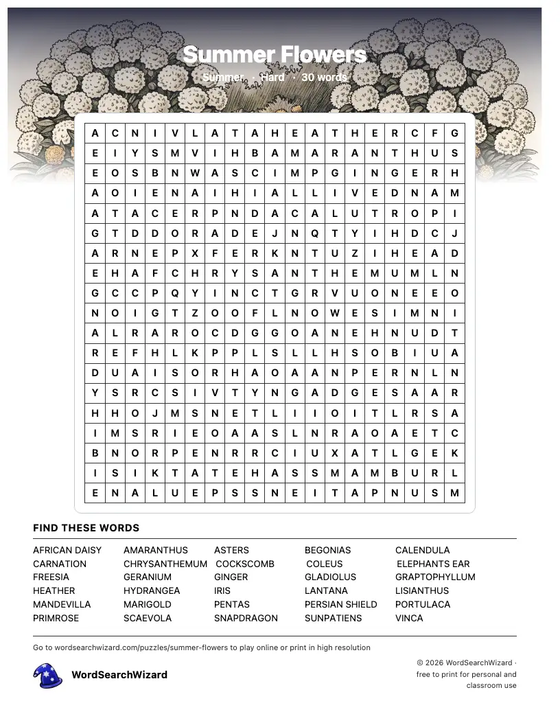 Summer Flowers word search printable sheet, 30 words to find