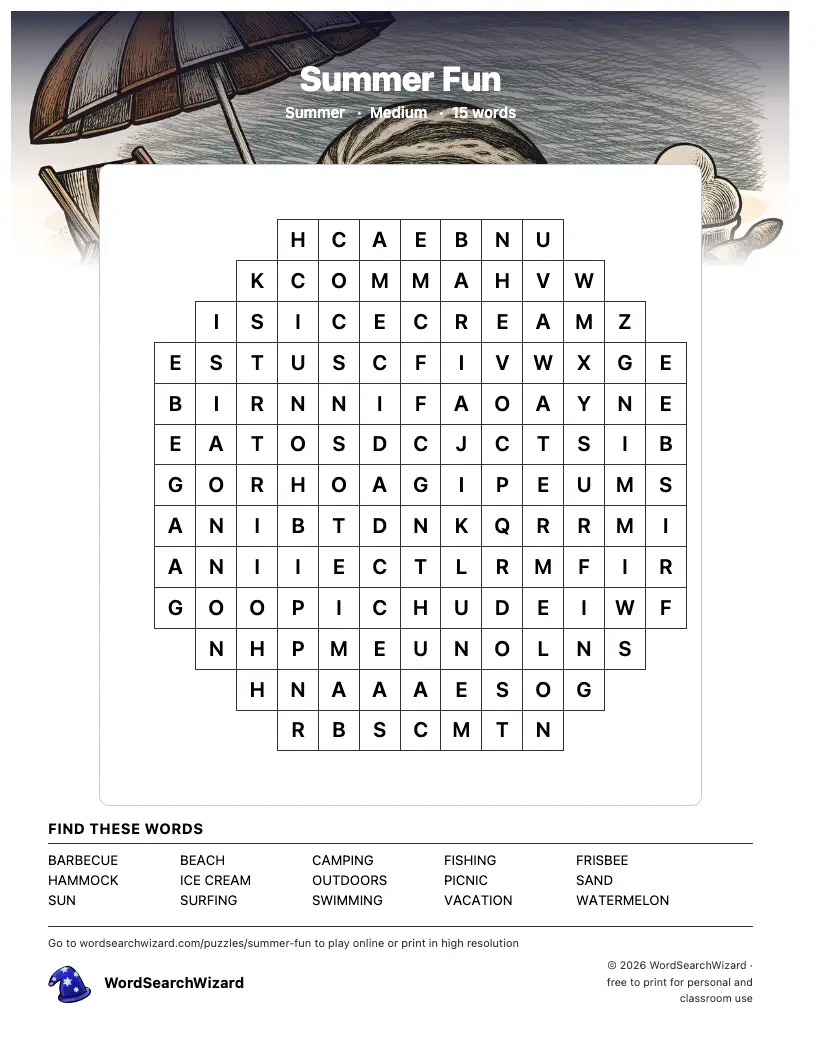 Summer Fun word search printable sheet, 15 words to find