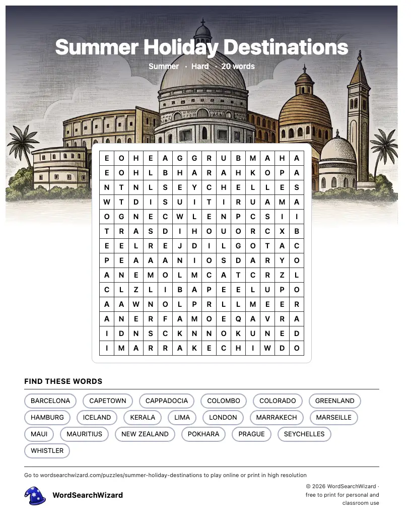 Summer Holiday Destinations word search printable sheet, 20 words to find