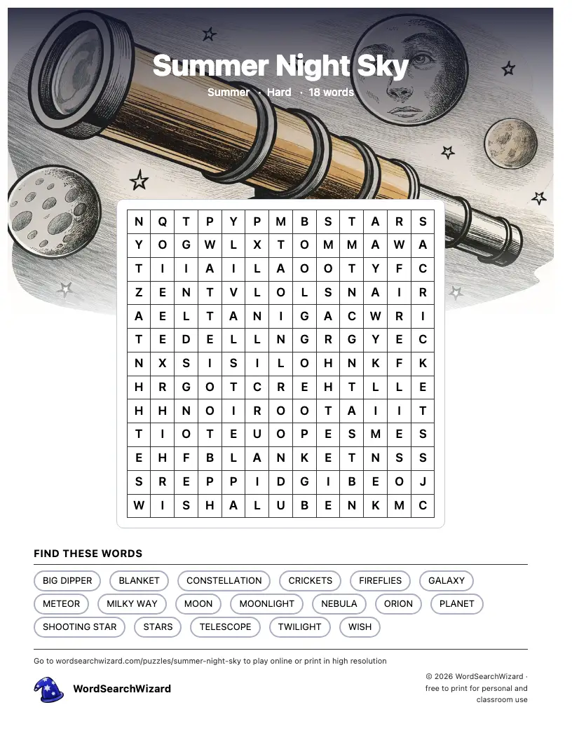 Summer Night Sky word search printable sheet, 18 words to find