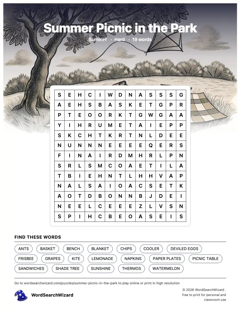 Summer Picnic in the Park word search printable sheet, 19 words to find