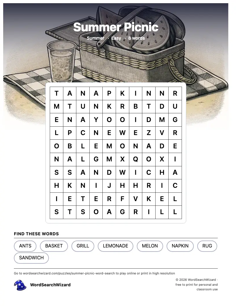 Summer Picnic word search printable sheet, 8 words to find