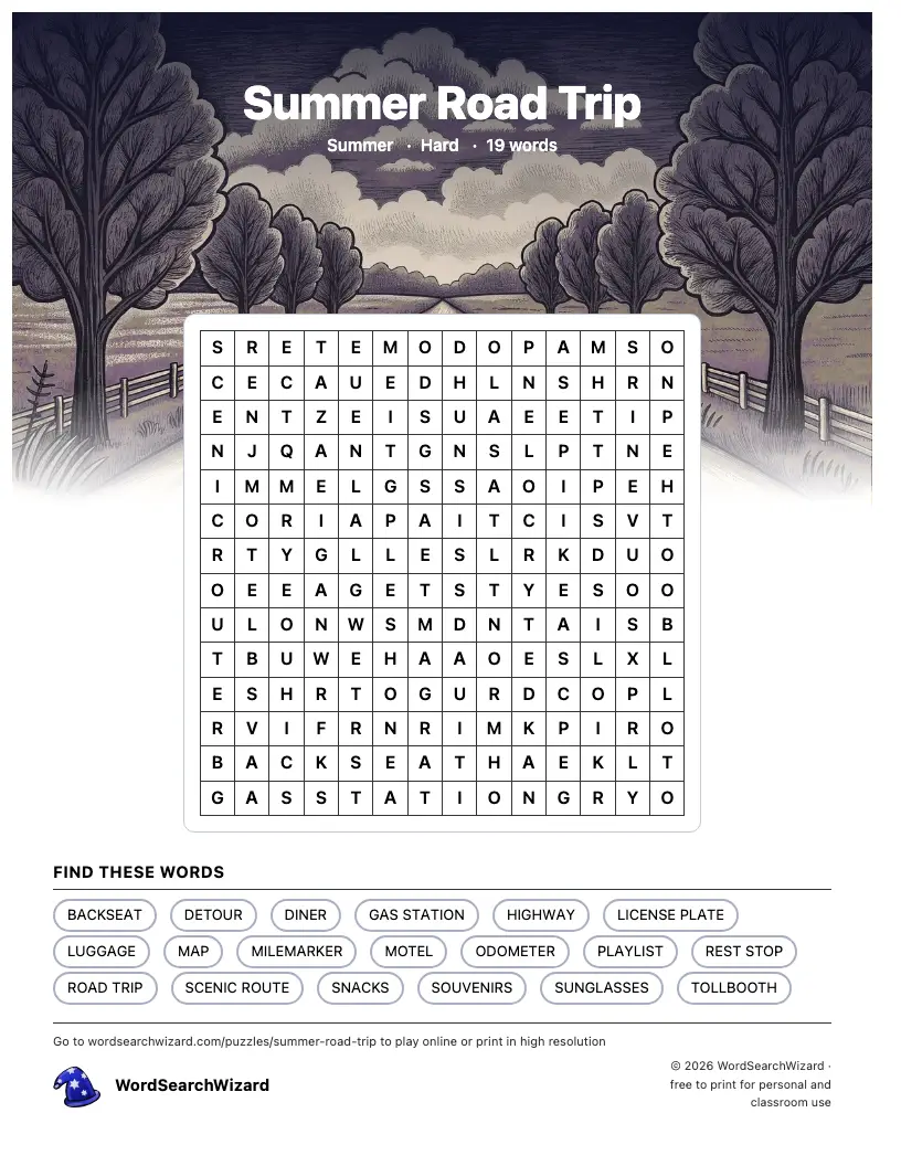 Summer Road Trip word search printable sheet, 19 words to find