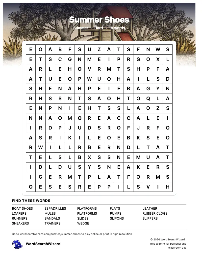 Summer Shoes word search printable sheet, 18 words to find