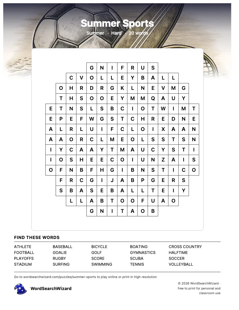 Summer Sports word search printable sheet, 20 words to find