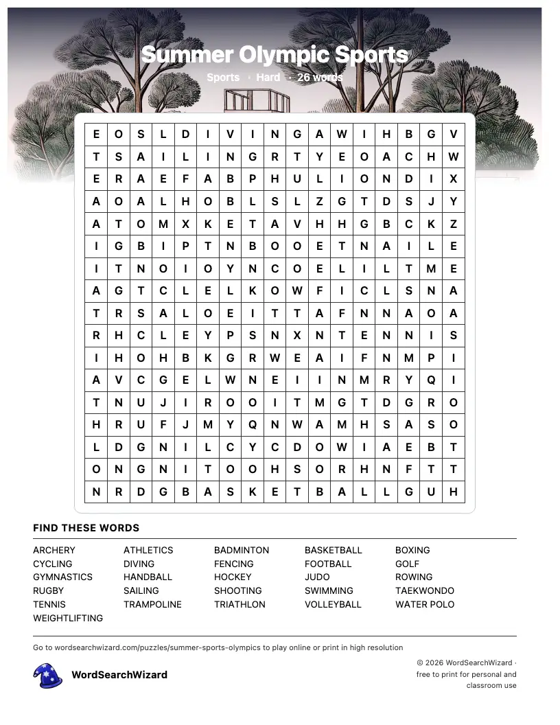 Summer Olympic Sports word search printable sheet, 26 words to find