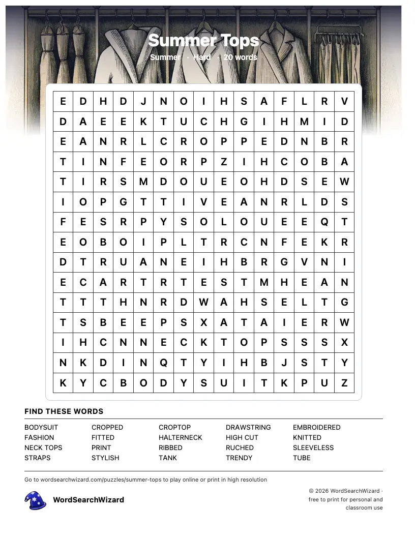 Summer Tops word search printable sheet, 20 words to find