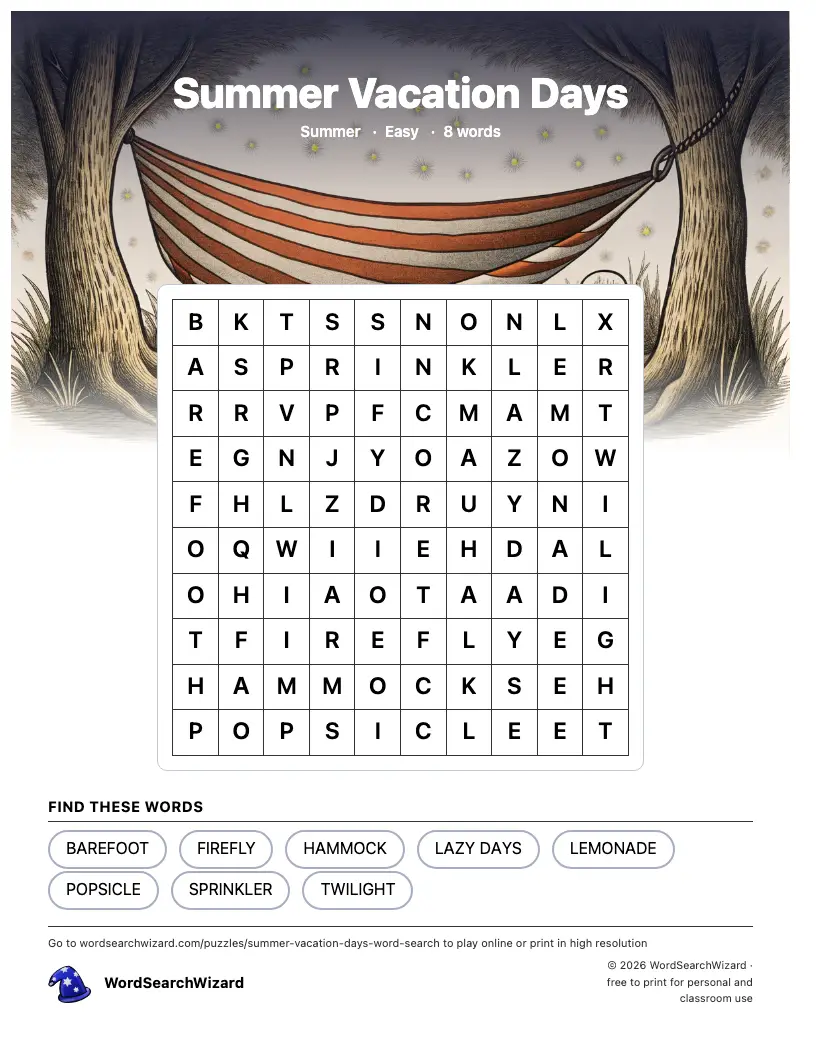 Summer Vacation Days word search printable sheet, 8 words to find