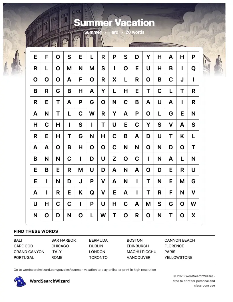 Summer Vacation word search printable sheet, 20 words to find