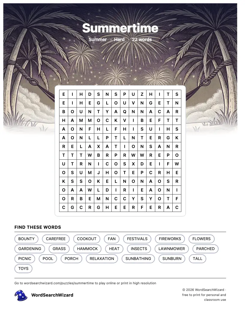 Summertime word search printable sheet, 22 words to find