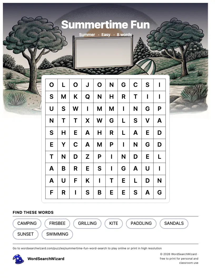 Summertime Fun word search printable sheet, 8 words to find