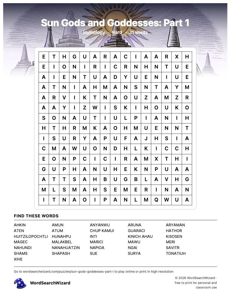 Sun Gods and Goddesses: Part 1 word search printable sheet, 31 words to find