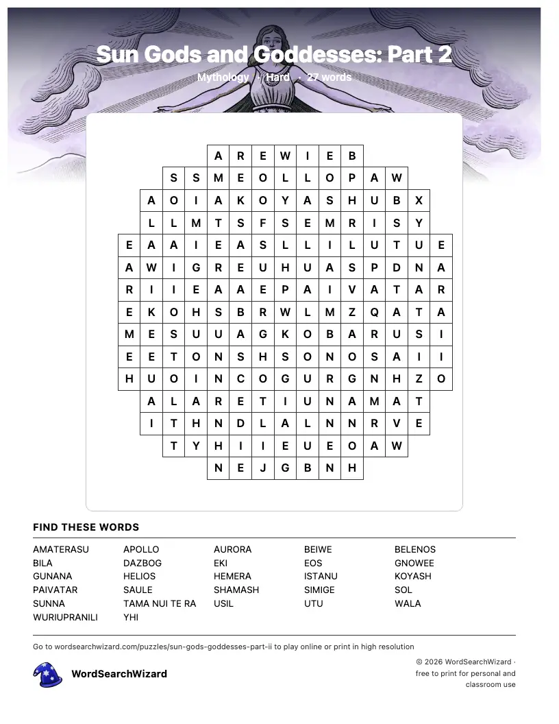 Sun Gods and Goddesses: Part 2 word search printable sheet, 27 words to find