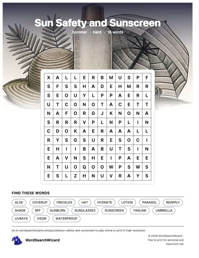 Sun Safety and Sunscreen word search printable sheet, 18 words to find