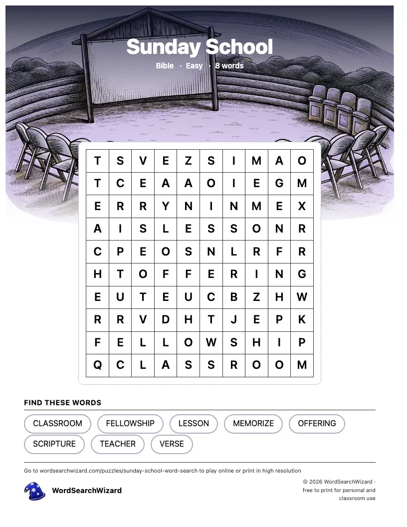 Sunday School word search printable sheet, 8 words to find