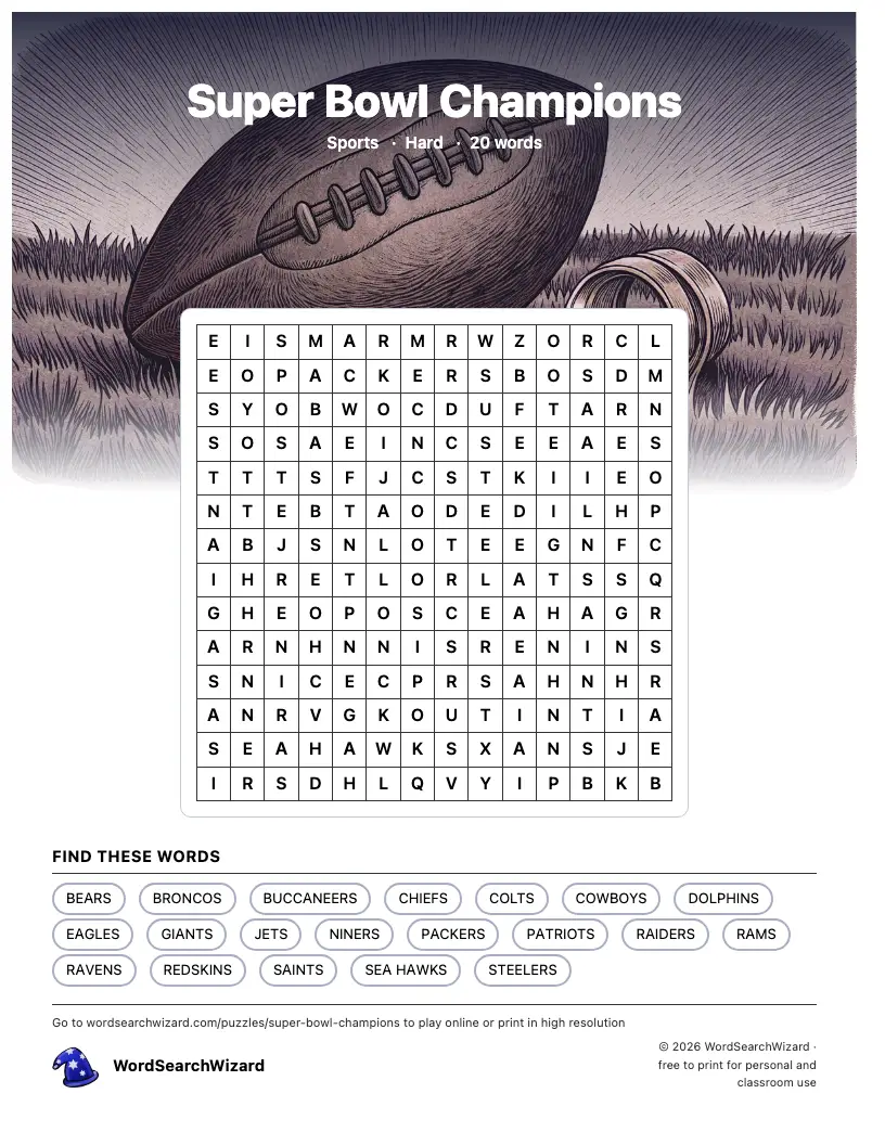 Super Bowl Champions word search printable sheet, 20 words to find