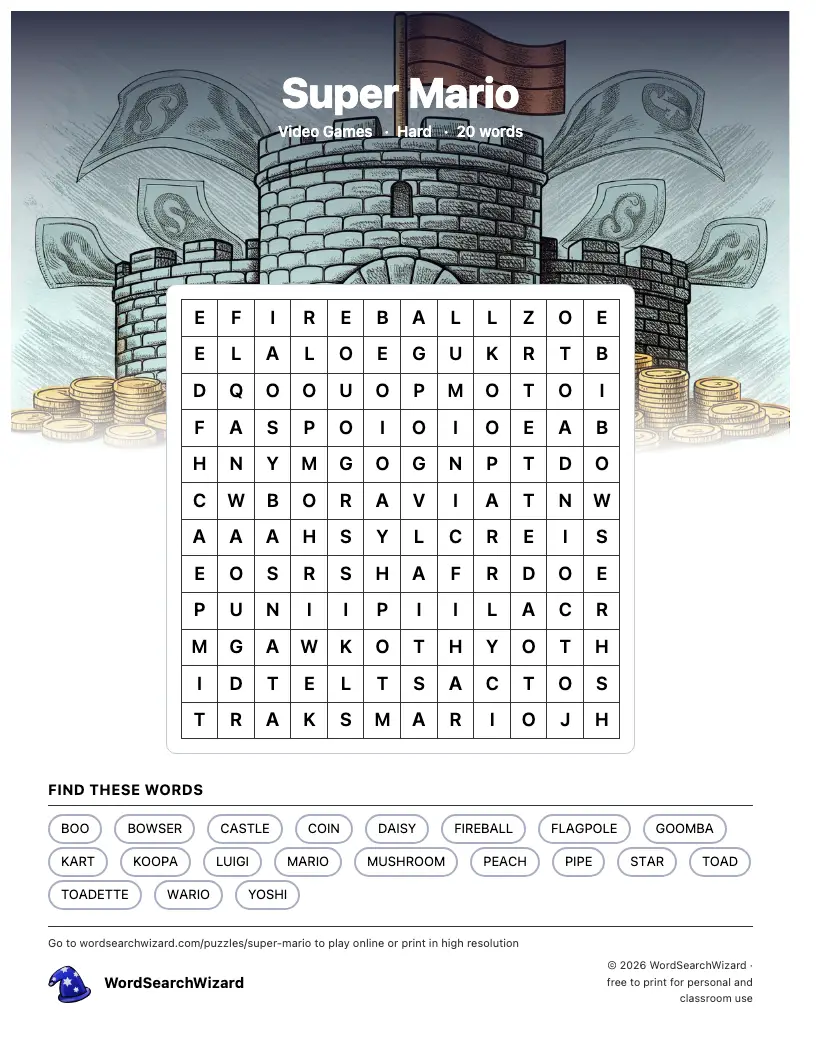 Super Mario word search printable sheet, 20 words to find