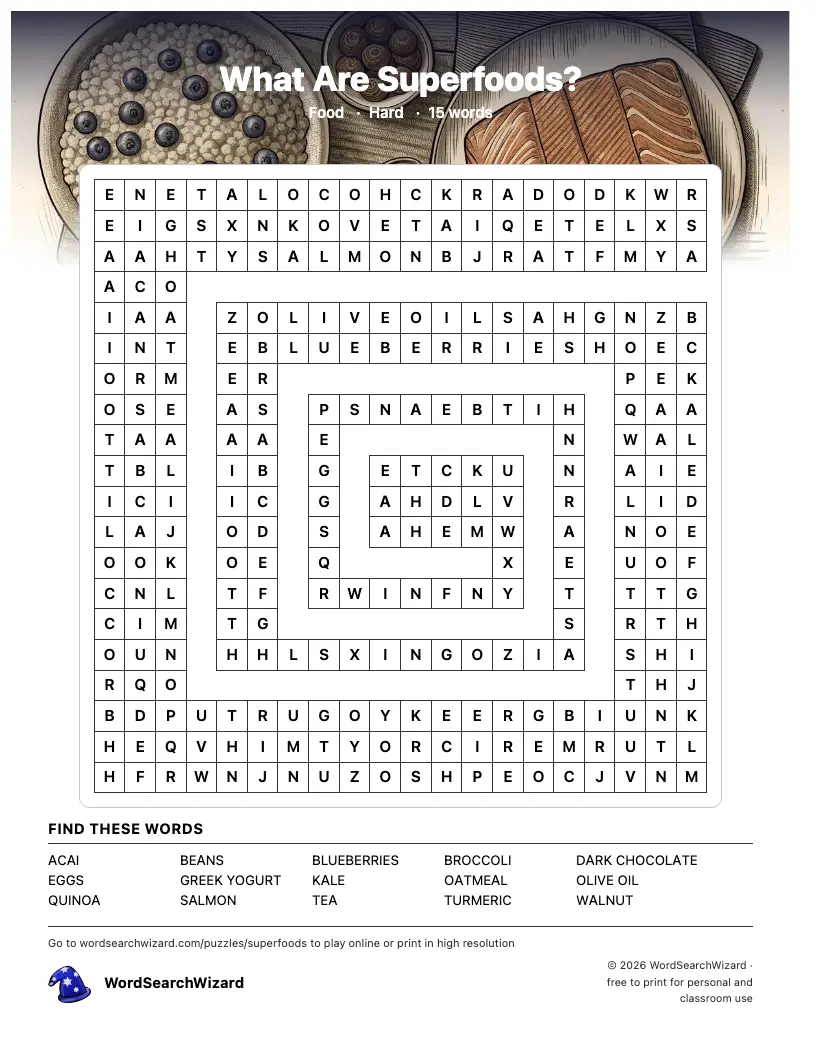 What Are Superfoods? word search printable sheet, 15 words to find