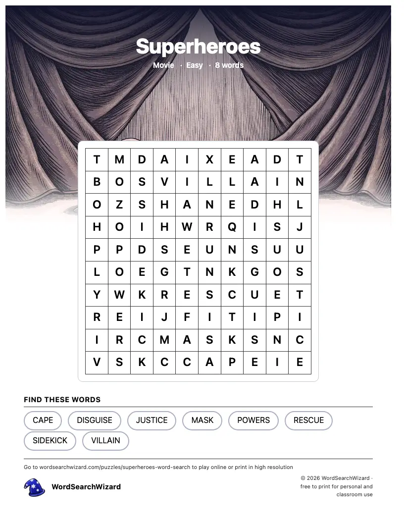 Superheroes word search printable sheet, 8 words to find