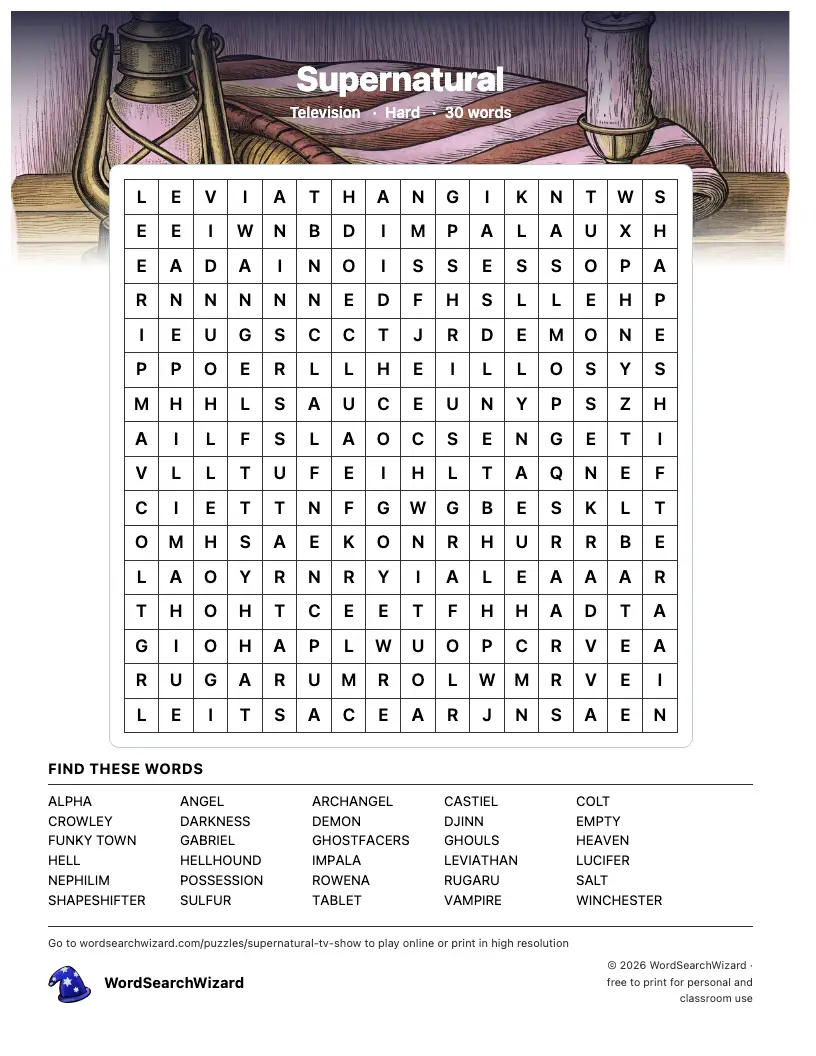 Supernatural word search printable sheet, 30 words to find
