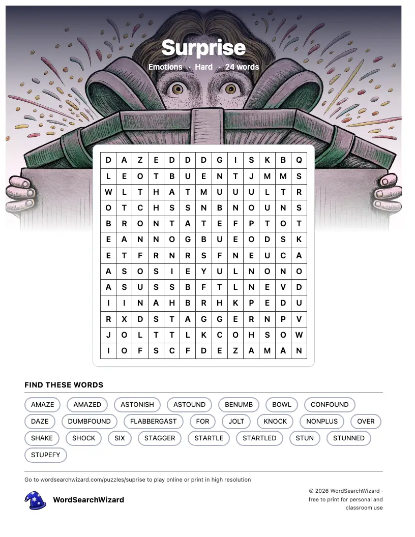 Surprise word search printable sheet, 24 words to find